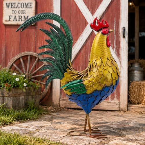 32 in Metal Rooster Statue, Farmhouse Yard & Garden Decor - Image 2
