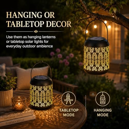 LeiDrail Solar Lantern Outdoor Hanging Lanterns Garden Metal Decorative Light Warm White LED Waterproof Landscape Lighting for Table Pathway Party Yard - 2 Pack - Image 6
