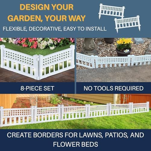 SkyMall 8-Piece Solar Garden Border Fence with Corner Posts, White Decorative Landscape Edging Panels with Cool White LED Solar Lights, Outdoor Lawn and Flower Bed Barrier for Yard and Pathway - Image 3