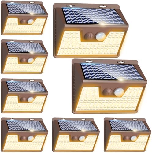 Peasur Solar Lights Outdoor Motion Sensor Waterproof, 8 Pack 140LED Brown Solar Powered Fence Light, 3 Modes Security Wall Lights for Garden Yard Outside(Warm White) by Peasur