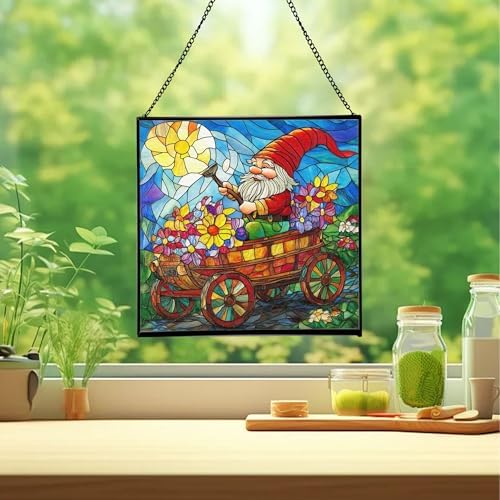 Gnome in a Wagon Ride Stained Glass Suncatcher – Square Hanging Window Panel for Home or Greenhouse – Whimsical Glass Art Gift for Garden Lovers, Christmas, Halloween, Father Days KkTJmY - Image 2