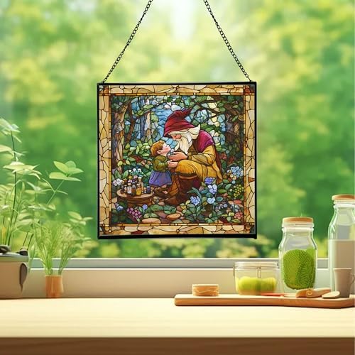 Gnome Mother Tending Her Child Stained Glass Suncatcher – Square Hanging Window Panel for Home, Garden, Nursery, Halloween, Christmas, Memorial Day – Whimsical Glass Art Gift for Gnome Lovers tpjzue - Image 2