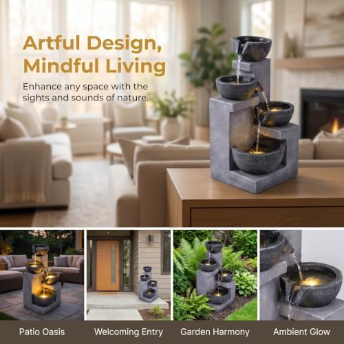 20.87" 4-Tier Outdoor Water Fountain with LED Lights, Gray Resin - Image 7