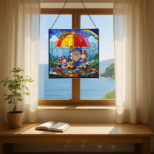 Gnome with Umbrella Stained Glass Suncatcher – Square Hanging Window Panel for Home, Garden, Nursery, Halloween, Christmas, Memorial Day – Whimsical Glass Art Gift for Gnome Lovers ovpj1u - Image 6
