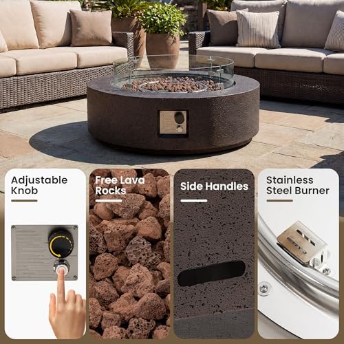 COSIEST 42 inch Outdoor Propane Fire Pit Coffee Table w Concrete Round Base Patio Heater, Certified, 50,000 BTU Stainless Steel Burner, Free Lava Rocks, Wind Guard, Rain Cover - Image 4
