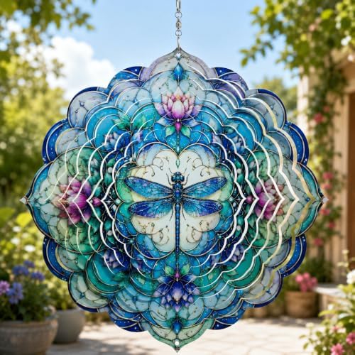 Shwing 12 Inch Dragonfly Wind Spinner Lotus Flower Hanging Decor Blue Purple Mandala Metal Ornament Outdoor Kinetic Garden Art 3D Wind Spinner for Patio Porch Backyard Decoration by Unknown