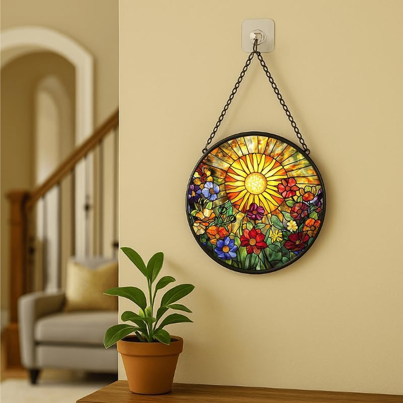 Stained Glass Window Hanging - Radiant Crystal Floral Sunburst 11.8in Sun Catchers Indoor Stained Glass Panels Wall Decor for Mom,Wife,Lovers,Festive - Image 6