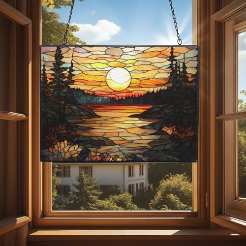 Rectangle Vintage Sunset in The Forest Stained Glass Window Hanging, Suncatcher for Women, Stained Glass Window Decor Perfect Home Décor - Image 4