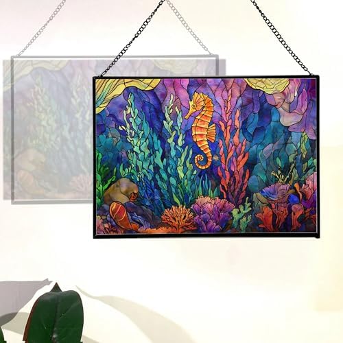 Glowing Coral Garden with Tiny Seahorse Rectangular Stained Glass Suncatcher – Hanging Window Panel with Animal & Nature Scene – Vibrant Glass Art Gift for Wildlife, Fantasy, Nature Lovers gQJxpI - Image 3