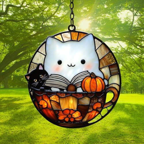 Cute Ghost and Cat Reading Book Acrylic Suncatcher - Image 3