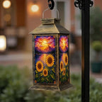 Solar Lantern Outdoor Waterproof Vibrant Sunflowers Colorful Sunset Mountains Lake Stained Glass Style Garden Decor LED Hanging Solar Lights Tabletop Lamp Gifts for Women Mom Outside Yard Patio Porch by DERUINVAIO