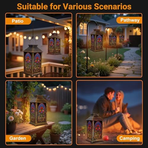 Solar Lantern Outdoor Waterproof Stained Glass Garden Decor LED Hanging Solar Lights Tabletop Lamp Gifts for Women Mom Outside Yard Patio Porch - Image 6
