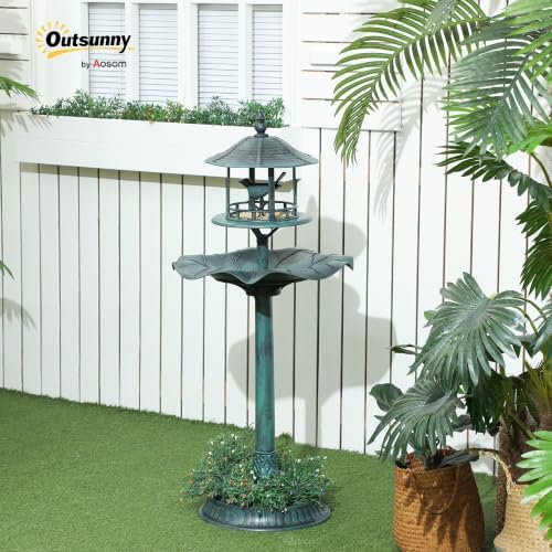Outsunny 3 in 1 Garden Bird Bath Bowl Pedestal with Bird Feeder, Green - Image 2