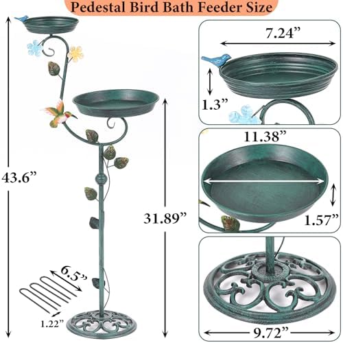 Bird Bath for Outside, 43" Tall Bird Baths and Feeders for Outdoors, Cast Iron Bird Bath and Feeder Combo, Metal Heavy Duty Birdbath Pedestal, Floral Decorative Birdbaths for Outdoor Garden - Image 3