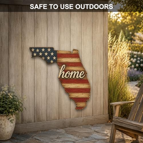 Florida "Home" State Shape Sign — Vintage American Flag Wall Decor — UV-Printed Aluminum (Not Real Wood) — Patriotic State Pride Art for Indoors & Outdoors — Made in USA - Image 4