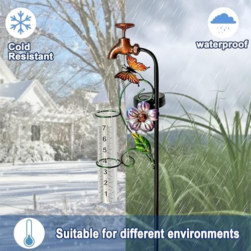 37in Solar Butterfly Rain Gauge Copper Faucet Metal Garden Stake Decor - Image 6