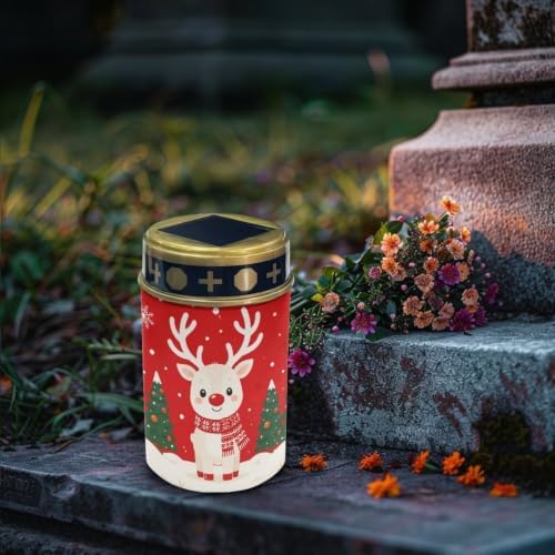 Poceacles Solar Lights Christmas Waterproof Grave Lights for Cemetery LED Flameless Candle Cemetery Solar Pillar Candles Outdoor Decor, Deer Christmas Tree Red Print, 2 Pack - Image 3