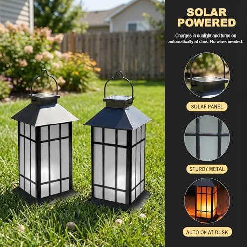 Solar Lanterns Outdoor Waterproof, 2 Pack 13" Metal & Glass Hanging Solar Lantern Lights, Grid Pattern IP46 Decorative Outdoor Solar Lanterns for Patio Table Yard Porch Garden Decor - Image 3