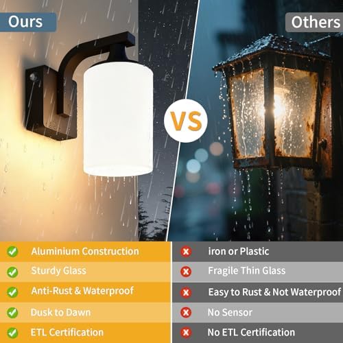 Dusk to Dawn Outdoor Wall Light Sconce, Waterproof Aluminum Porch Light Exterior Fixture with Milk Glass Shade for Patio, Yard, Garden House, Outside, Matte Black - Image 3