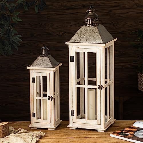 TIMRIS Large Rustic Wooden Decorative Lantern Set of 2, Modern Farmhouse Distressed Whitewash Floor Candle Lanterns, Indoor/Outdoor Hanging Lanterns for Home Decor (No Glass) - Image 4