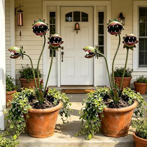 Metal Carnivorous Plant Garden Stakes,25 Inch Venus Flytrap Yard Art Sculpture,2 Pack Weatherproof Decor for Lawn Patio Pathway Planter Flower Bed,Whimsical Garden Ornament Gift(2PCS) by Unknown