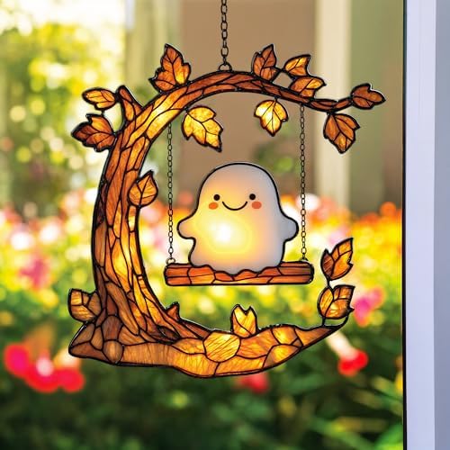 Playful Ghost in Golden Glow Acrylic Suncatcher - Faux Stained Glass Indoor Window Hanging Ornament, Outdoor Sun Catcher Panel, Home Decor Gift for Ghost Lovers by Unknown