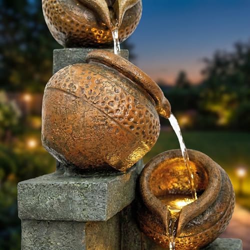Outdoor Water Fountain 34.8", Tall 4-Tier Pot Waterfall Fountain with Warm LED Lights, Rustic Resin Cascading Water Feature, Quiet Pump for Patio Garden Porch Backyard Deck Decor - Image 4