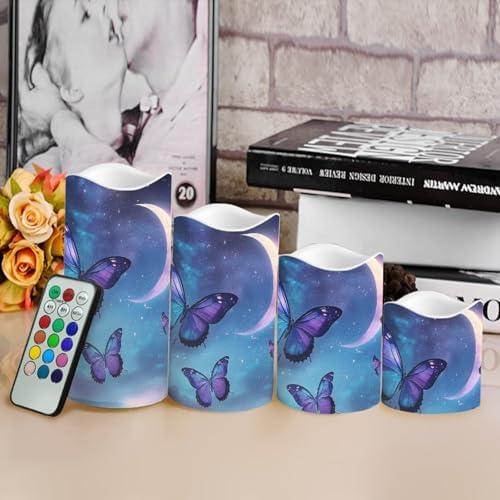 Blue Butterfly Moon Candles with Remote Timer Battery Powered LED Candles Color Changing Pillar Electric Fake Candles Bulk for Indoor Set of 4 - Image 4