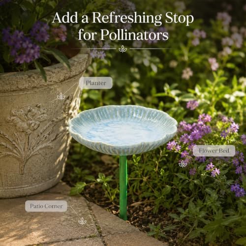 Ceramic Pollinator Watering Station for Bees and Butterflies, Shallow Garden Water Dish on Green Stake, Outdoor Insect Water Bowl for Patio Yard Flower Bed Decor, 1 Pack (Pink) - Image 6