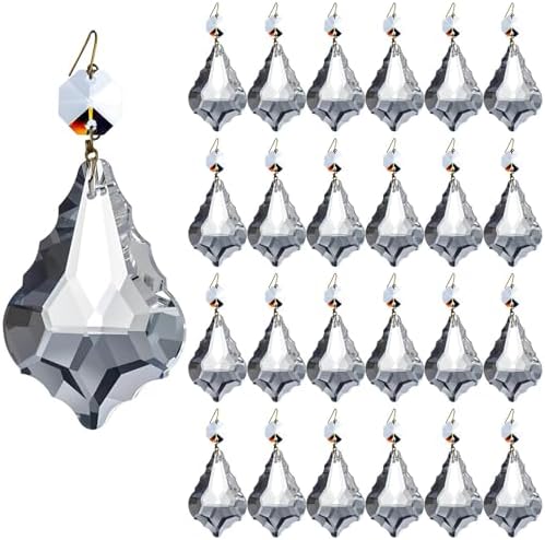 24Pcs 2.0" Clear Color Chandelier Crystals Parts Maple Leaf Prism Pendant Connected Glass Octagon Beads Chain for Chandelier Decoration, Party,Wedding Decorative (Clear Beads with Gold Plated Pin) by KINGSCRYSTAL