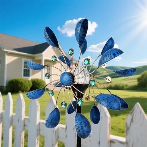 NUENUN Wind Spinner Outdoor Metal - Multi-Color Seasonal LED Lighting Solar Powered Glass Ball with Kinetic Wind Spinner Dual Direction for Patio Lawn & Garden (Blue with Light) - Image 2