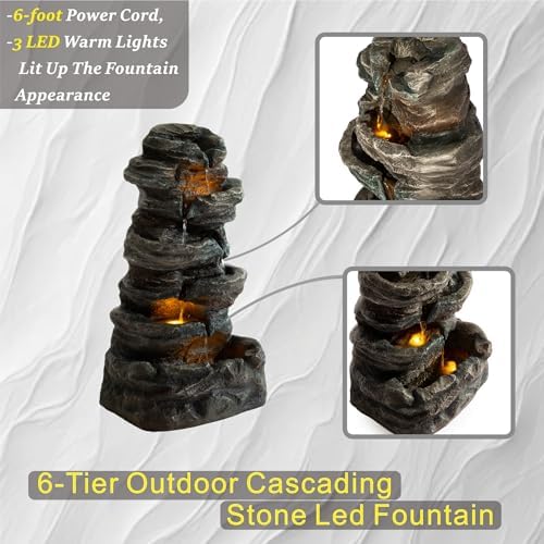 6-Tier Outdoor Cascading Stone Water Fountain, 35" H Freestanding LED Rock Waterfall with Natural Stone Appearance and Lights, Resin Water Feature for Garden Patio Yard Deck - Image 2
