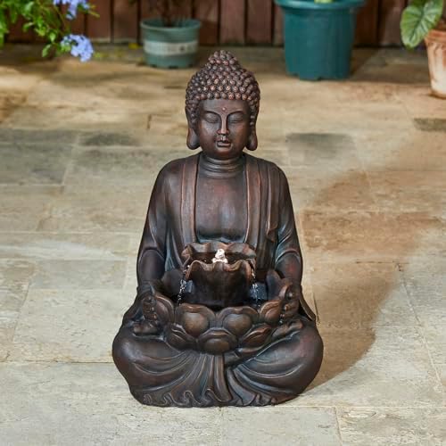 Glitzhome 24" H Zen Style Meditating Buddha Water Fountain Statue with Pump and LED Light, 2 Tier Waterfalls Resin Indoor Outdoor Floor Fountain for Garden Patio Backyard Decking - Image 4