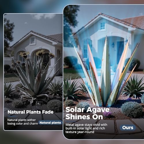 KODIBO 24" Metal Agave Plant Outdoor Decor with Solar Light, Vintage Blue - Image 3