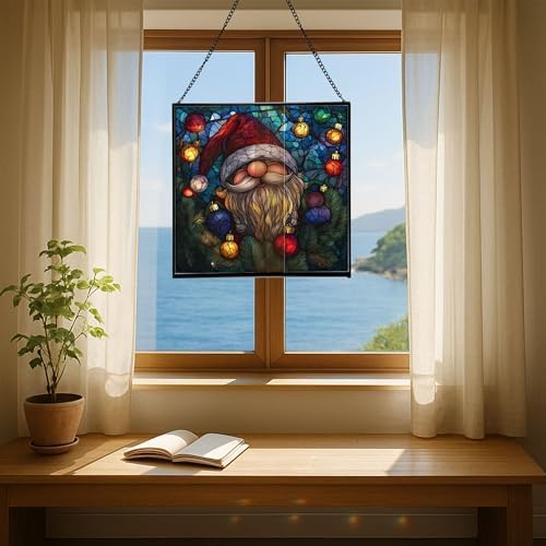 Holiday Lights Gnome Stained Glass Suncatcher – Square Hanging Window Panel for Home or Greenhouse – Whimsical Glass Art Gift for Garden Lovers, Christmas, Halloween, Father Days Sbhi0e - Image 6