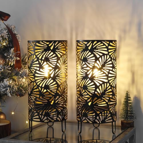 JHY DESIGN Set of 2 Metal Battery Powered 9''High Accent Cordless LED Bulb Huge Fan Patterned Battery Lamp for Weddings Parties Patio Garden Indoors Outdoors Table Bed Room - Image 2