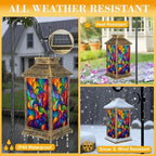 Solar Lantern Outdoor Waterproof Sketch Colorful Stained Glass Window Abstract Stained Glass Art Garden Decor LED Hanging Solar Lights Tabletop Lamp Gifts for Women Mom Outside Yard Patio Porch - Image 3