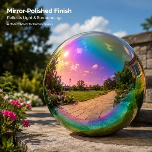 Gazing Ball Garden Mirror Outdoor - 10Inch Outside Decorative Globe Rainbow - Image 4