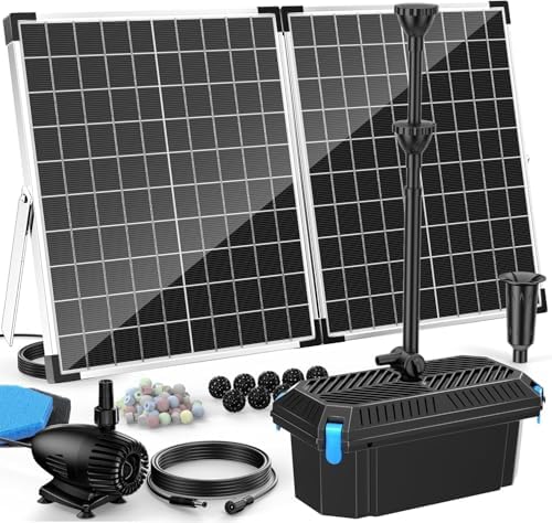 Antfraer 55W Solar Pond Pump with Filter Kit - Foldable Monocrystalline Solar Panel, Pond Filter for Outdoor Ponds, Koi Ponds, Waterfalls & DIY Water Features (17FT+10FT Power Cord) by Antfraer