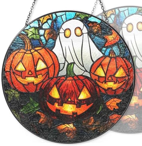 9.84 Inch Stained Glass Window Hanging Halloween Ghost and Pumpkin Sun Catchers Spooky Fall Suncatchers for Windows Hanging Stain Glass Decoration for Garden Outdoor Indoor Window Decor Gift by Unknown