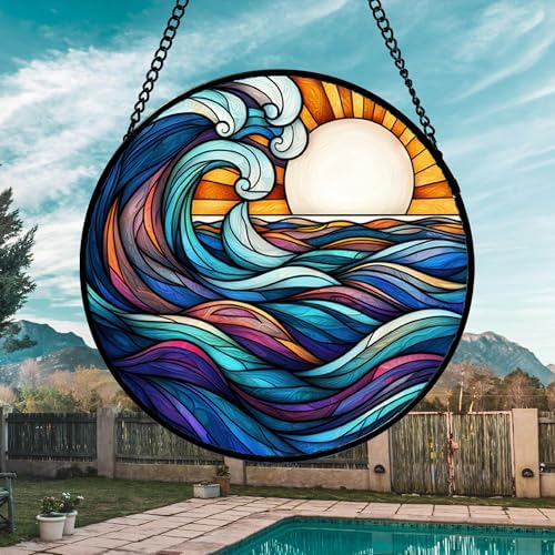 Sunset Ocean Waves Stained Glass Window Hanging Suncatcher Gifts 15" - Image 3