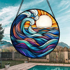 Sunset Ocean Waves Stained Glass Window Hanging Suncatcher Gifts 15" - Image 3