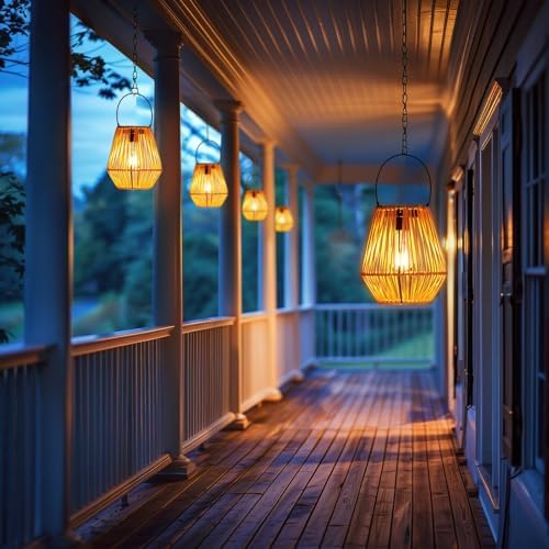 Homemory 2 Pack Rattan Lantern Solar Outdoor Waterproof Hanging Lights - Image 6