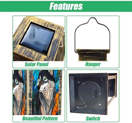 Solar Lantern Wolf Stained Glass Blue Orange Mosaic Wildlife Art Outdoor Waterproof Hanging Solar Light Outside Lights for Patio Yard House Lawn Decor Birthday Gifts for Women Mom - Image 3