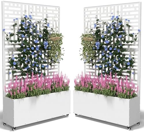 Metal Planter Box with Trellis,70.9"x47.2"x15.7" Raised Garden Bed with Drainage Holes, Privacy Planters for Outdoor Garden Bed for Climbing Plants,Vegetables,and Vines,2PCS,White-Modular by FOLAWO