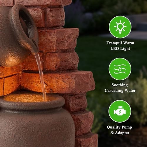 25.9" H Outdoor Water Fountain with LED Lights, Freestanding Water Feature - Image 4