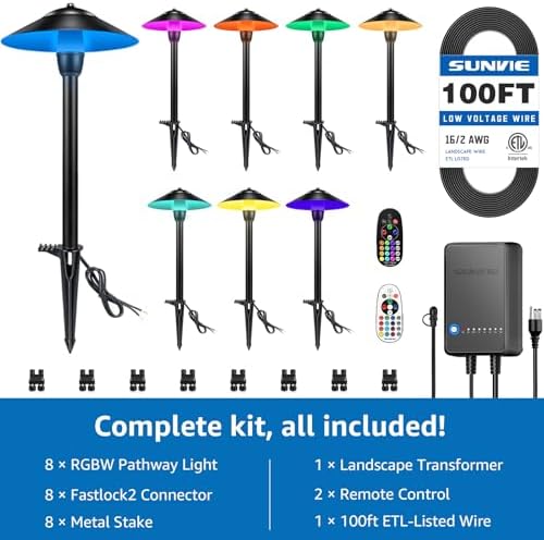 SUNVIE All-in-One RGBW Landscape Lighting Kit, 8 Pack Color Changing Low Voltage Landscape Lights with Connector Transformer 100FT Wire, 3W Multi-Color Pathway Lights for Holiday Walkway Garden Yard - Image 6