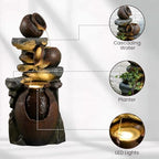Rustic Jar Outdoor Water Fountain with Planter 38.5" Large Tiered Waterfall with Warm LED Lights, Handcrafted Resin Fountain for Zen Garden, Deck & Indoor Home Decor - Image 5