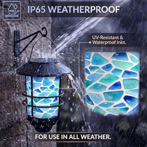 Solar Lanterns Outdoor Hanging Lights Mosaic Blue Stained Glass Glass Wall Lantern 2 Pack, Waterproof Decorative Solar Sconce with Wall Mount Kit for Garden Porch Fence Chicken Coop Summer Decor - Image 3