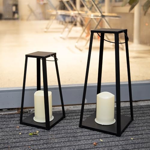 HPC Decor 2PCS Solar Lanterns for Outdoor Decor-20in 15.6in Black Metal Candle Lanterns w/ Waterproof Solar Powered Candles- Modern Farmhouse Hanging Decor for Front Porch,Yard Garden Patio - Image 5